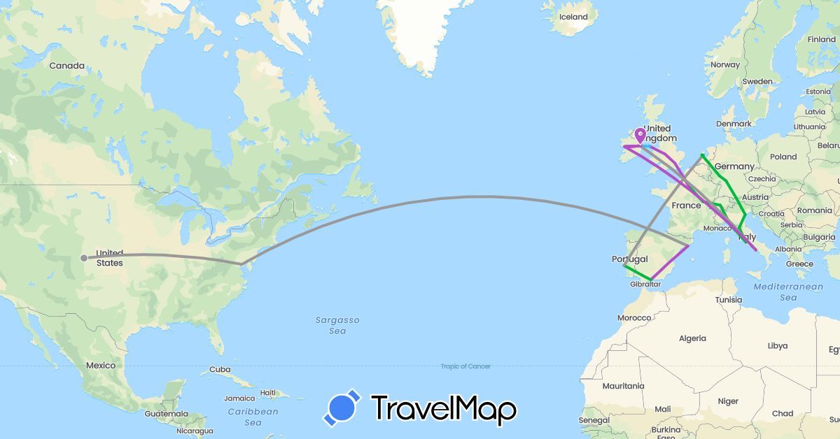 TravelMap itinerary: driving, bus, plane, train in Austria, Switzerland, Germany, Spain, France, United Kingdom, Italy, Netherlands, Portugal, United States (Europe, North America)